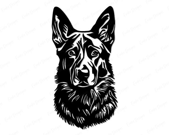 Silhouette of a german shepherd, or alsatian dog, with a strong and chiseled head, a long muzzle, erect pointed ears, intelligent almond-shaped eyes, and a black nose.