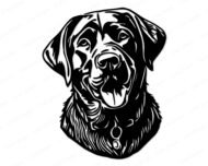 Black silhouette image of a labrador in a calm pose with floppy ears, a short coat and an alert friendly face. This labrador retriever design works as a pet dog portrait in svg and png format, shown as a clean outline vector perfect for a digital clipart cut file with a transparent background.