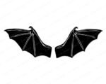 Black silhouette image of a silhouette of a pair of bat wings spread open. The wings are symmetrical, with sharp, pointed tips and smooth curved edges. Defined inner lines highlight the skeletal structure, giving the wings a detailed, gothic look. The high-contrast vector style makes the bat wings appear striking and dramatic.