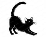 Black silhouette image of a sleek black cat in a playful stretching pose. The cat’s body is elongated with its front legs extended forward and its hind legs straight, giving a graceful arch to its back. Its long tail curves upward in a smooth arc, adding balance and flow to the design. The cat’s head is slightly lifted with alert, pointed ears and bright almond-shaped eyes looking forward. Fine details like the whiskers, paws, and fur outlines emphasize the feline’s elegant and lively form. The bold black silhouette style creates a striking contrast, highlighting the cat’s fluid motion and graceful shape.