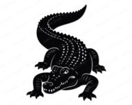 Black silhouette image of a toothy grinning crocodile with serious swagger! This bold silhouette features a chunky gator body with four powerful clawed feet planted firmly on the ground. His scaly back has eye-catching white dotted patterns running along his ridged spine and magnificent curved tail. Those sharp triangular teeth create quite the smile! The crocodile's snout has playful curved details while his bumpy textured skin adds dimension.