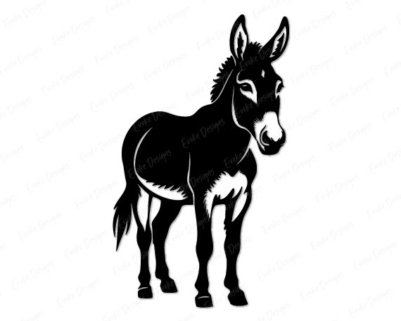 Black silhouette image of a delightful donkey silhouette featuring perky upright ears, a sweet gentle face with expressive eyes, and a fuzzy mane that adds character. This farm donkey stands proud with four sturdy hooves and a swishy tail. The silhouette donkey design shows beautiful details like the donkey's fluffy chest, textured coat, and that adorable donkey snout.