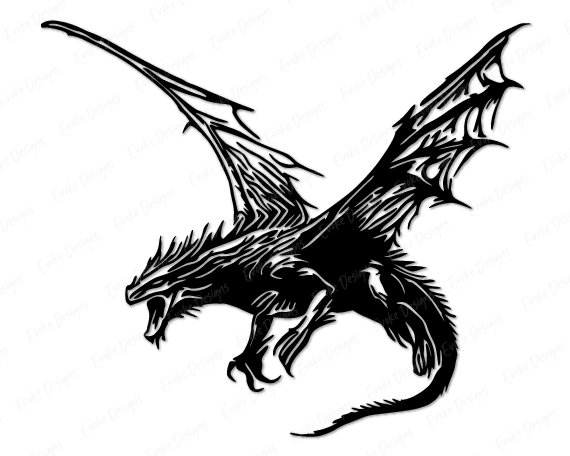 Black silhouette image of a fierce silhouette of a dragon flying, with sharp claws, a long tail, and an open, roaring mouth. Intricate wing details add intensity and motion, emphasizing the dragon’s power and grace as it soars through the sky in a bold, dramatic design.