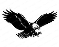 Black silhouette image of a fierce eagle in mid-flight with wings fully spread and talons extended, ready to strike. The sharp lines and strong contrast highlight the bird’s powerful beak, detailed feathers, and intense expression.