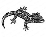 Black silhouette image of a crested gecko with a detailed body, bold markings, long curved tail, large eye, and spread toes in a climbing pose. The gecko's body is decorated with striking patterns and markings that flow across the lizard’s skin, giving it texture and movement. The clean, sharp lines of this vector svg make the gecko both detailed and easy to cut, ensuring smooth edges and a polished look.