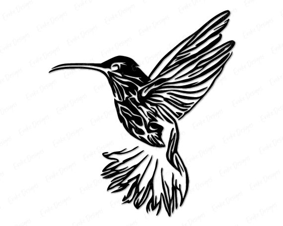 Black silhouette image of a graceful hummingbird in mid-hover with outstretched wings showing amazing feather detail. Long, elegant beak perfect for sipping nectar! Intricate wing patterns showcase each delicate feather, while the bird's chest displays beautiful textured markings. Tail feathers fan out in full glory! Bold black and white contrast highlights every tiny detail - from the pointed bill to wing tips. This majestic little flyer radiates that magical hummingbird energy!