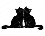 Black silhouette image of two sweet black cats sitting side by side, touching noses in the most adorable kitty kiss! This charming cat silhouette features two feline friends with perked-up ears, long whiskers, and fluffy tails curled beside them. The cats are shown in a tender moment of cat love and affection. Perfect black cat clipart with clean lines and beautiful detail in the whiskers and ear tufts.