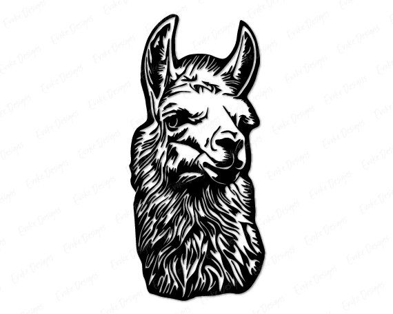 Black silhouette image of a fuzzy llama face with the fluffiest fur ever! This adorable alpaca design features a sweet llama head with perky ears, gentle eyes, and that signature llama smile. This farm animal silhouette showcases detailed fluffy texture, soft nose, and those cute pointy ears that make llamas so lovable. Black and white llama portrait with shaggy fur details and friendly expression.