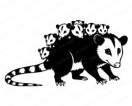 Black silhouette image of the sweetest marsupial mama! This charming opossum vector image features a loving mother possum with her precious babies clinging to her back. The design showcases beautiful contrasted artwork with the mama opossum's distinctive pointed snout, bright expressive eyes, and her signature striped tail curving gracefully. Seven adorable baby opossums nestle along her back, each with their own sweet faces and tiny paws. The silhouette style highlights every whisker, fur tuft, and claw in stunning detail.