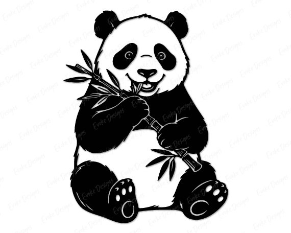 Black silhouette image of a charming black and white panda bear sitting contentedly munching delicious bamboo stalks. Our smiling panda holds bamboo shoots in both paws, looking absolutely delighted with its favorite snack. Features adorable details like round fluffy ears, distinctive panda eye patches, a sweet button nose, and precious paw prints on its feet. The sitting panda pose shows this gentle giant in its natural bamboo-eating bliss, with leafy bamboo branches perfect for crafting.