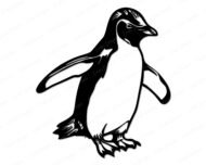 Black silhouette image of a penguin design in a clean vector style. The penguin is shown standing upright with its flippers slightly extended outward, capturing a natural and lifelike pose. The body has a smooth, rounded shape with clear contrast between the dark back and flippers and the lighter belly. Fine detailing in the feathers around the head, wings, and feet adds texture while keeping the overall silhouette simple and striking. The beak is pointed forward, giving the penguin a confident stance, while the webbed feet are clearly defined at the base. The high-contrast black and white layout highlights the classic penguin markings, making the design visually bold and eye-catching.