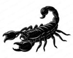 Black silhouette image of a striking scorpion featuring a menacing pose with powerful pincers stretched wide, eight segmented legs ready to scamper, and that iconic curved tail arched high overhead. Every detail pops in bold silhouette style - from the textured body segments to the dangerous stinger tip. The fierce little face and defensive stance give this desert dweller serious attitude!