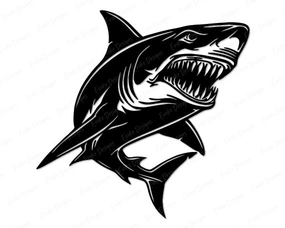 Black silhouette image of a powerful great white shark twisting mid-swim with jaws wide open, showing rows of sharp triangular teeth ready to chomp. Bold silhouette shapes and crisp highlights carve out the muscular body, strong fins, curved tail, and intense eye. The dramatic silhouette feels fast, wild, and fearless, like a shark charging through deep blue water. Clean lines and high contrast give this shark SVG a striking, tattoo-style look that really bites.