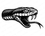 Black silhouette image of a ssssensational snake head with fierce fangs and forked tongue! This bold serpent graphic features detailed scales, menacing reptile eyes, and an open-mouthed viper stance with fangs ready to strike. The rattlesnake-style head showcases intricate scale patterns, sharp cobra-like teeth, and a wickedly cool forked tongue darting out. Bold silhouette style design with texture details that make this predator pop!