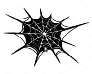Black silhouette image of a bold, detailed spiderweb with sharp, spiky outer edges radiating outward in all directions. The web is intricately woven with curved, symmetrical lines that draw the eye toward the center. At the bottom of the web, a small spider is lurking, its legs clearly visible as it clings to the threads. The high-contrast silhouette style emphasizes the sharp points and clean lines, giving the spiderweb a striking, dramatic look.