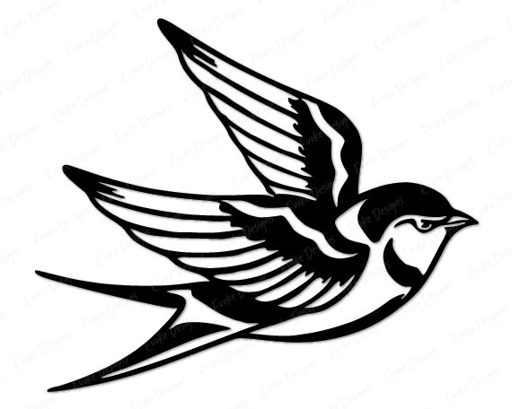 Black silhouette image of a swallow flying, with wings stretched out and a compact body and its tail deeply forked, forming two pointed tips. The bird's head is small with a short beak, and the overall shape is sleek, capturing the swallow’s fast, agile appearance.