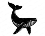 Black silhouette image of a cheerful humpback whale swimming with a big, gentle curve and a calm, friendly feel. The smooth silhouette shows a rounded whale body, lifted tail flukes, and wide fins that look ready to glide through the sea. Soft flowing lines highlight the whale’s belly grooves, giving it a classic humpback whale look with a fun, playful twist. The bold shape and clean contrast make this whale feel strong, peaceful, and full of ocean magic.