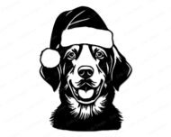 Black silhouette image of a dog wearing a Santa hat for Christmas. The dog has a happy expression with open mouth, visible tongue, and bright, friendly eyes. Its fur is detailed with bold lines and shading, especially around the chest, cheeks, and ears. The Xmas Santa hat sits slightly tilted on the dog’s head, with a fluffy pom-pom on the side and a thick, soft brim across the forehead.
