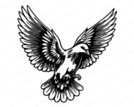 Black silhouette image of a dove in flight with wings fully spread. The graceful dove features detailed feathers on the wings and tail, a smooth curved body, and an outstretched beak. The design highlights the symbolic shape of a peaceful bird, elegant and symmetrical, with clear bold outlines.