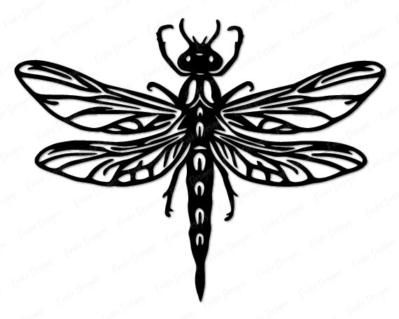 Black silhouette image of a dragonfly design featuring detailed, symmetrical wings with bold vein patterns and a sleek, elongated body. The clean vector lines give it a modern, artistic look while keeping a natural, organic feel.