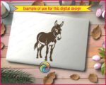 Black silhouette image of a delightful donkey silhouette featuring perky upright ears, a sweet gentle face with expressive eyes, and a fuzzy mane that adds character. This farm donkey stands proud with four sturdy hooves and a swishy tail. The silhouette donkey design shows beautiful details like the donkey's fluffy chest, textured coat, and that adorable donkey snout.