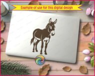 Black silhouette image of a delightful donkey silhouette featuring perky upright ears, a sweet gentle face with expressive eyes, and a fuzzy mane that adds character. This farm donkey stands proud with four sturdy hooves and a swishy tail. The silhouette donkey design shows beautiful details like the donkey's fluffy chest, textured coat, and that adorable donkey snout.