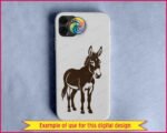 Black silhouette image of a delightful donkey silhouette featuring perky upright ears, a sweet gentle face with expressive eyes, and a fuzzy mane that adds character. This farm donkey stands proud with four sturdy hooves and a swishy tail. The silhouette donkey design shows beautiful details like the donkey's fluffy chest, textured coat, and that adorable donkey snout.