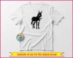 Black silhouette image of a delightful donkey silhouette featuring perky upright ears, a sweet gentle face with expressive eyes, and a fuzzy mane that adds character. This farm donkey stands proud with four sturdy hooves and a swishy tail. The silhouette donkey design shows beautiful details like the donkey's fluffy chest, textured coat, and that adorable donkey snout.