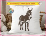 Black silhouette image of a delightful donkey silhouette featuring perky upright ears, a sweet gentle face with expressive eyes, and a fuzzy mane that adds character. This farm donkey stands proud with four sturdy hooves and a swishy tail. The silhouette donkey design shows beautiful details like the donkey's fluffy chest, textured coat, and that adorable donkey snout.