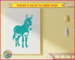 Black silhouette image of a delightful donkey silhouette featuring perky upright ears, a sweet gentle face with expressive eyes, and a fuzzy mane that adds character. This farm donkey stands proud with four sturdy hooves and a swishy tail. The silhouette donkey design shows beautiful details like the donkey's fluffy chest, textured coat, and that adorable donkey snout.