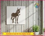 Black silhouette image of a delightful donkey silhouette featuring perky upright ears, a sweet gentle face with expressive eyes, and a fuzzy mane that adds character. This farm donkey stands proud with four sturdy hooves and a swishy tail. The silhouette donkey design shows beautiful details like the donkey's fluffy chest, textured coat, and that adorable donkey snout.