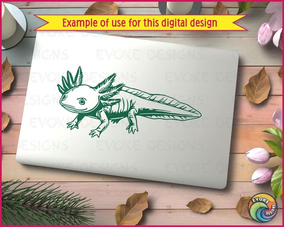 Black silhouette image of a axolotl salamander featuring a rounded head, wide smiling mouth, and large expressive eyes. Distinctive feathery gill stalks fan out from both sides of the head, with a smooth elongated body, small limbs, and a long tail captured in clean flowing lines.