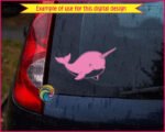 Black image of a silhouette of a chubby, smiling baby narwhal with a cute spiral tusk, rounded fins, and a happy little face. Its playful, cartoon-style look captures the sweet and magical charm of the ocean’s “unicorn of the sea”.