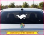 Black image of a silhouette of a chubby, smiling baby narwhal with a cute spiral tusk, rounded fins, and a happy little face. Its playful, cartoon-style look captures the sweet and magical charm of the ocean’s “unicorn of the sea”.