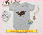 Black image of a silhouette of a chubby, smiling baby narwhal with a cute spiral tusk, rounded fins, and a happy little face. Its playful, cartoon-style look captures the sweet and magical charm of the ocean’s “unicorn of the sea”.