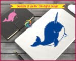 Black image of a silhouette of a chubby, smiling baby narwhal with a cute spiral tusk, rounded fins, and a happy little face. Its playful, cartoon-style look captures the sweet and magical charm of the ocean’s “unicorn of the sea”.