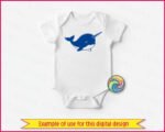 Black image of a silhouette of a chubby, smiling baby narwhal with a cute spiral tusk, rounded fins, and a happy little face. Its playful, cartoon-style look captures the sweet and magical charm of the ocean’s “unicorn of the sea”.