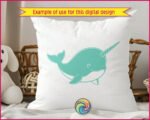 Black image of a silhouette of a chubby, smiling baby narwhal with a cute spiral tusk, rounded fins, and a happy little face. Its playful, cartoon-style look captures the sweet and magical charm of the ocean’s “unicorn of the sea”.