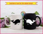 Black image of a silhouette of a chubby, smiling baby narwhal with a cute spiral tusk, rounded fins, and a happy little face. Its playful, cartoon-style look captures the sweet and magical charm of the ocean’s “unicorn of the sea”.