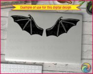 Black silhouette image of a silhouette of a pair of bat wings spread open. The wings are symmetrical, with sharp, pointed tips and smooth curved edges. Defined inner lines highlight the skeletal structure, giving the wings a detailed, gothic look. The high-contrast vector style makes the bat wings appear striking and dramatic.