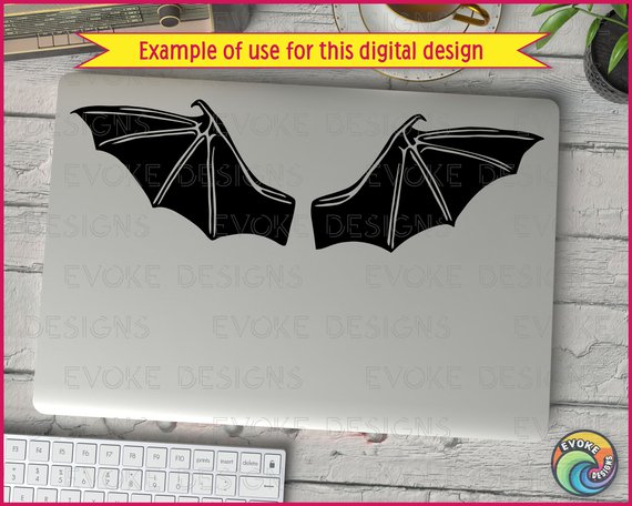 Black silhouette image of a silhouette of a pair of bat wings spread open. The wings are symmetrical, with sharp, pointed tips and smooth curved edges. Defined inner lines highlight the skeletal structure, giving the wings a detailed, gothic look. The high-contrast vector style makes the bat wings appear striking and dramatic.