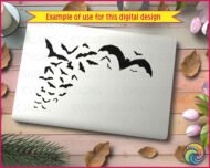 Silhouette of a flock of bats in flight, featuring multiple bat shapes in various sizes and wing positions. The design shows bats swooping and soaring across the image, with detailed pointed wings and curved bodies. The composition creates a dynamic swarm of flying bats, arranged in a scattered yet flowing formation.