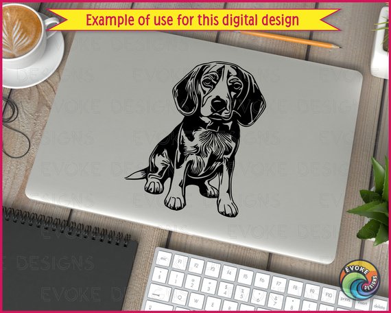 Silhouette of a sitting beagle puppy, highlighting its floppy ears, friendly eyes, strong paws, and compact body. The beagle’s alert pose, hound-like stance, and loyal expression capture the classic traits of this sniffing, tracking, and playful breed in a bold, easily recognisable design.