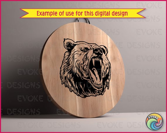 Silhouette of a grizzly bear design with a large, broad head with small rounded ears, a powerful jaw, a pronounced snout, and deep-set eyes. Fierce yet majestic.