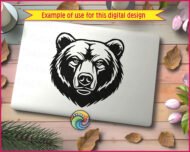 Black silhouette image of a grizzly bear’s head featuring detailed linework and strong contrast. The bear’s expression is fierce and focused, with intense eyes, a broad snout, and thick fur creating a powerful, symmetrical design. The sharp outlines and bold shadows highlight the bear’s strength and presence, giving it a striking, realistic appearance that captures its wild spirit. This digital bear image is perfect for making vinyl decals, stickers, t-shirts, mugs and more.