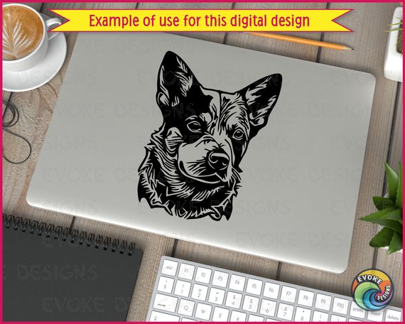 Black image of a silhouette of a blue heeler cattle dog’s head, shown in a forward-facing position. The dog has large, upright ears, a broad forehead, and a strong, defined muzzle. Its facial features include almond-shaped eyes and a button nose. The silhouette captures the alert, intelligent expression typical of the Blue Heeler breed, with clean lines and bold contours emphasising its distinctive head shape.