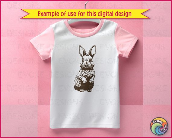 Black image of a silhouette of a small, fluffy bunny rabbit with long ears, a twitching nose, big eyes, and a cute little paws.