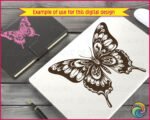 Black silhouette image of a ulysses Butterfly with wings spread wide. The bold design captures its distinct shape, with elongated forewings and scalloped hindwings. Delicate wing edges and elegant curves highlight the butterfly’s graceful form.