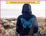 Black silhouette image of a ulysses Butterfly with wings spread wide. The bold design captures its distinct shape, with elongated forewings and scalloped hindwings. Delicate wing edges and elegant curves highlight the butterfly’s graceful form.