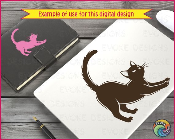 Black silhouette image of a sleek black cat in a playful stretching pose. The cat’s body is elongated with its front legs extended forward and its hind legs straight, giving a graceful arch to its back. Its long tail curves upward in a smooth arc, adding balance and flow to the design. The cat’s head is slightly lifted with alert, pointed ears and bright almond-shaped eyes looking forward. Fine details like the whiskers, paws, and fur outlines emphasize the feline’s elegant and lively form. The bold black silhouette style creates a striking contrast, highlighting the cat’s fluid motion and graceful shape.